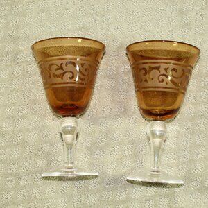 Set of 2 Beautiful Amber Frosted Scrolled Etched Pattern Quality Glass Goblets